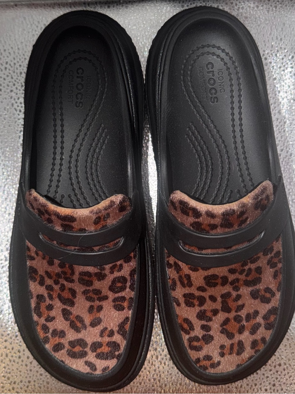 CROCS Black Clog Mules with Leopard Print Inset